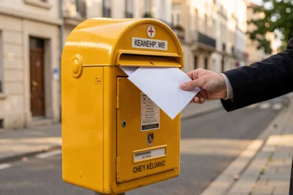 Enveloppe glissée dans une boîte aux lettres jaune