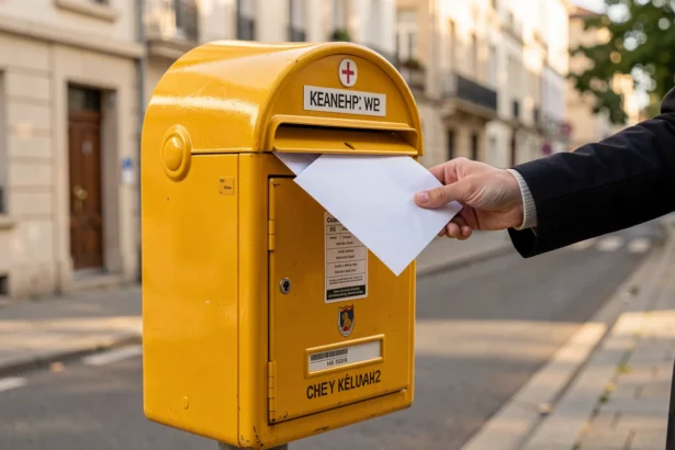 Enveloppe glissée dans une boîte aux lettres jaune