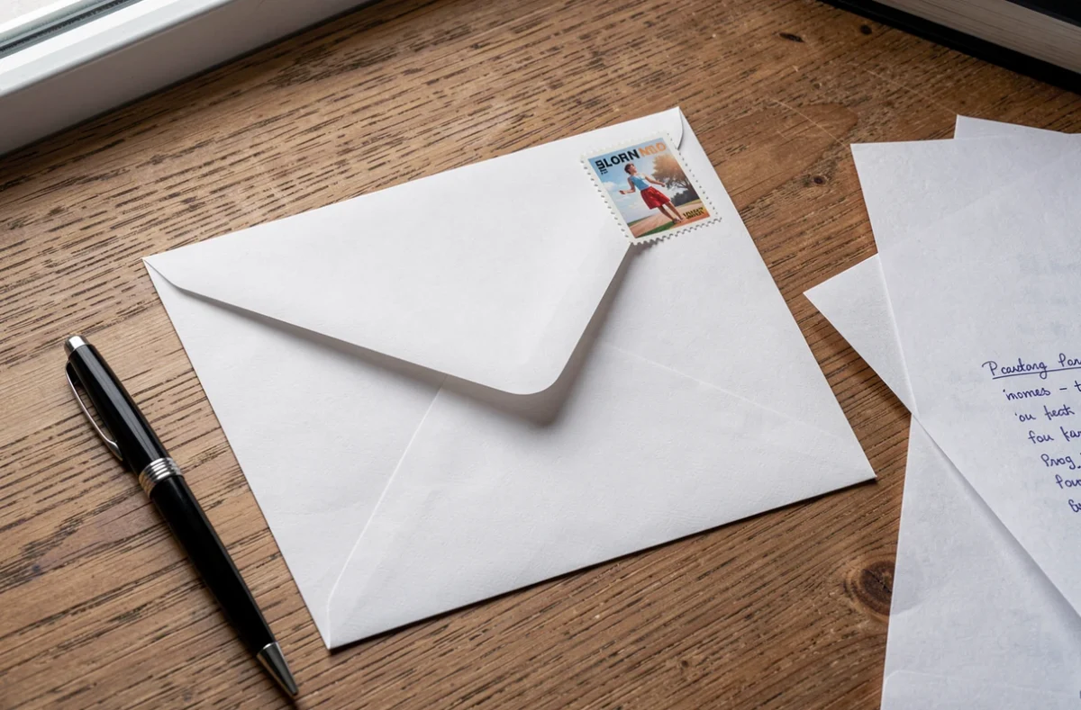 Enveloppe sans timbre posée sur un bureau en bois