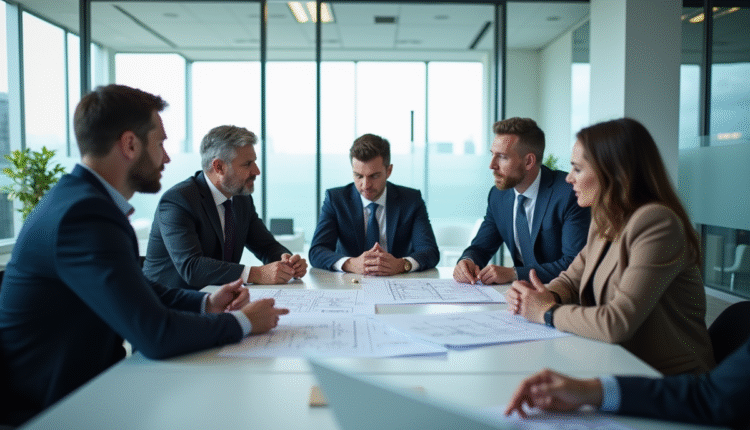 Groupe de professionnels autour d'une table en réunion ERP
