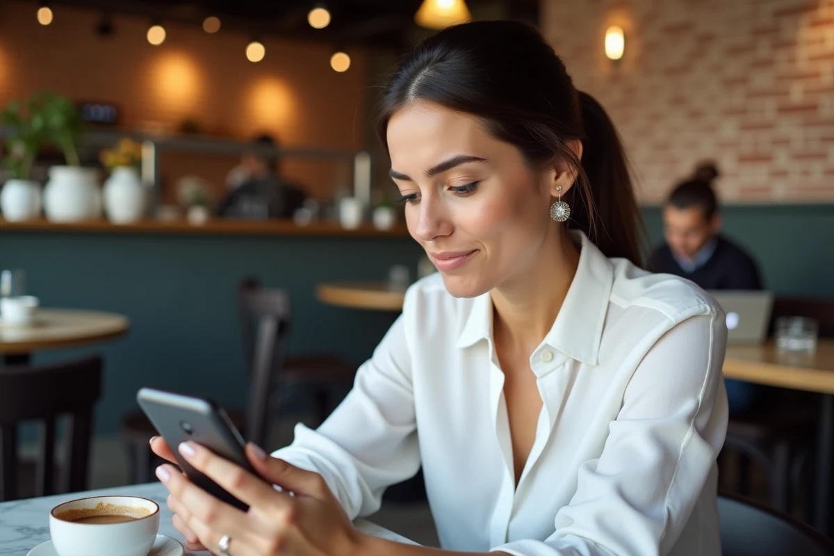 Femme consultant son smartphone affichant une erreur de connexion dans un café