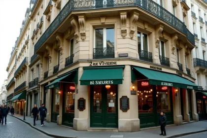 Façade haussmannienne de la rue Vivienne à Paris avec balcons en fer forgé et brasserie traditionnelle au rez-de-chaussée