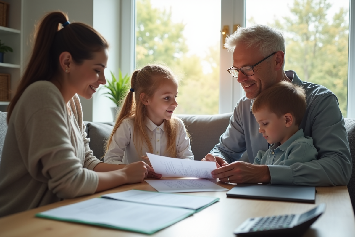Famille discutant avec un conseiller financier dans un salon lumineux
