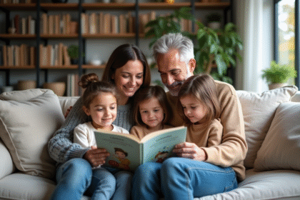 Famille recomposée lisant un livre dans un salon chaleureux