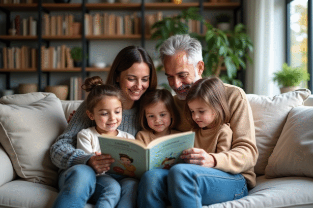 Famille recomposée lisant un livre dans un salon chaleureux