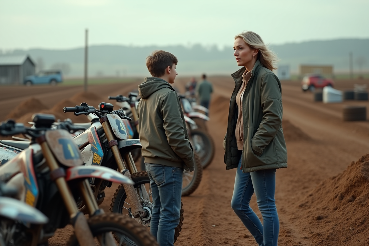 Famille examine des motos 150cc sur un terrain boueux