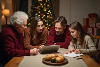 Famille réunie autour d'une table pour organiser les achats de Noël avec une application de liste de cadeaux sur tablette