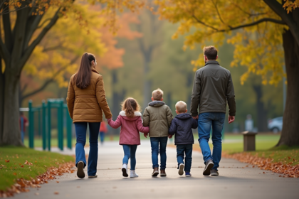 Famille de quatre dans un parc européen en automne