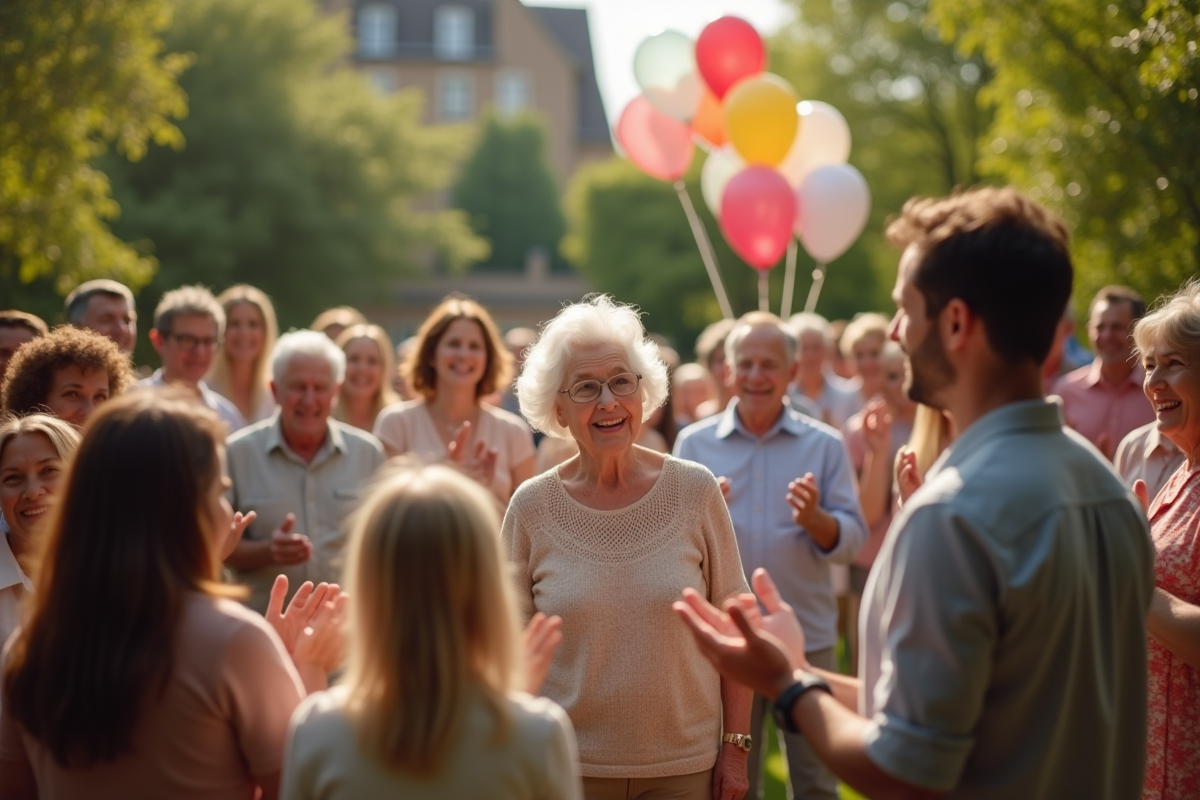 Famille nombreuse applaudissant dans un jardin en celebration