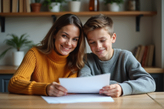Femme et adolescent lisant des documents dans la cuisine