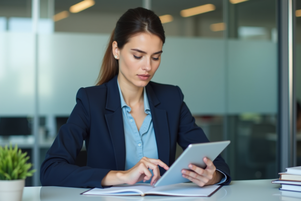 Femme d'affaires en bureau moderne utilisant une tablette