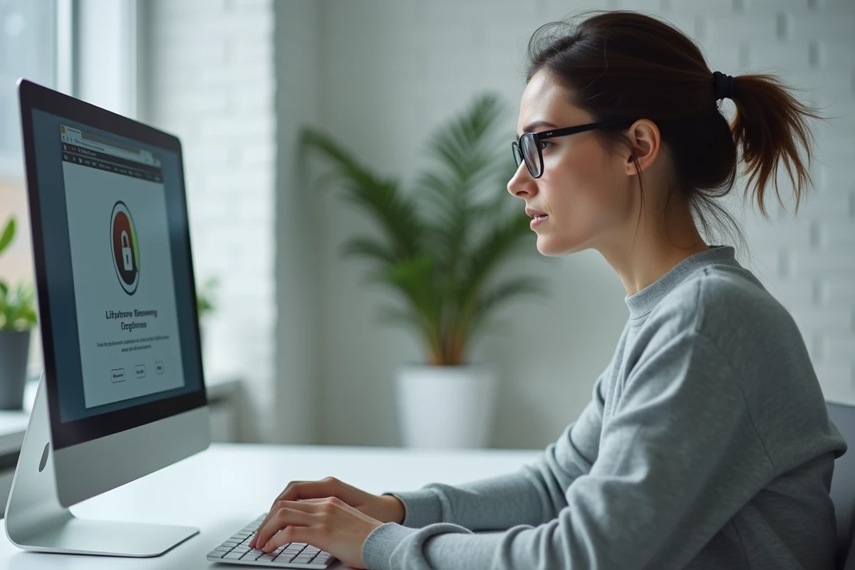 Femme avec des lunettes analysant les avertissements de sécurité d'un site web sur son écran d'ordinateur