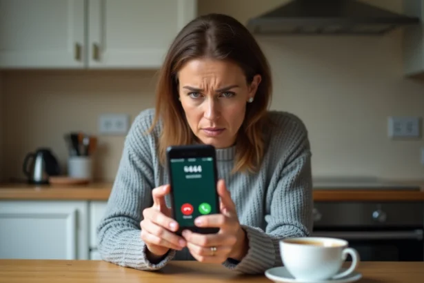 Femme inquiète regardant un appel entrant avec l'indicatif +44 sur WhatsApp depuis sa cuisine