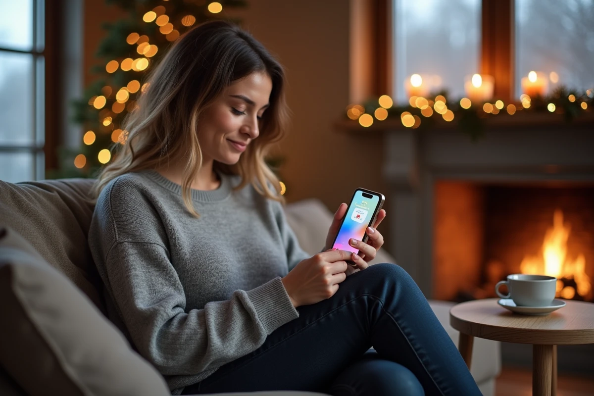 Femme utilisant une application de cadeaux sur smartphone installée confortablement dans son salon décoré pour les fêtes