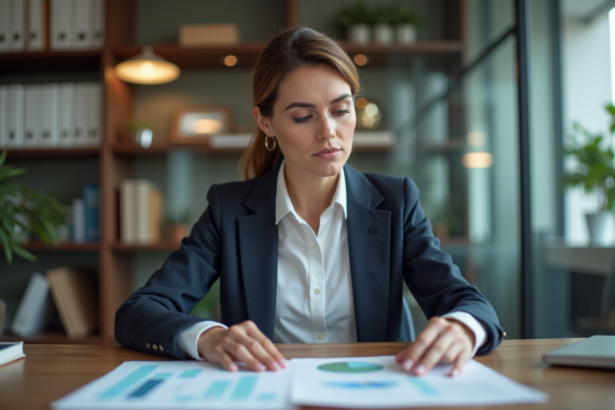 Femme d affaires concentrée examine des graphiques dans un bureau