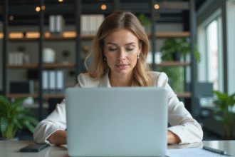 Femme concentrée vérifiant des factures sur un ordinateur moderne