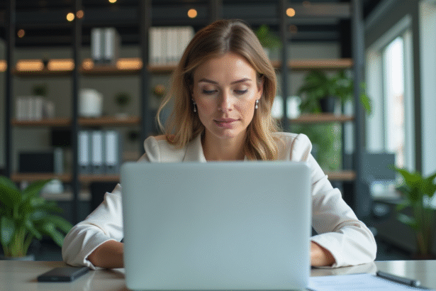 Femme concentrée vérifiant des factures sur un ordinateur moderne