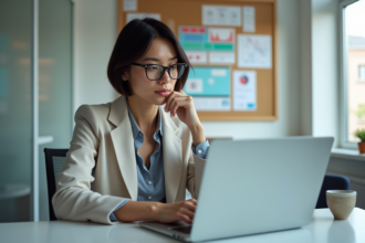 Femme en bureau regardant son ordinateur portable