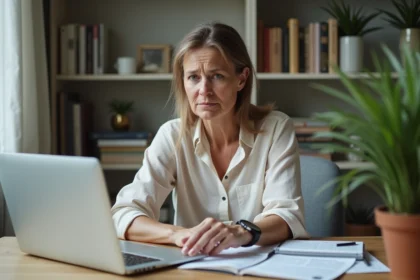 Femme d'âge moyen dans un bureau moderne regardant sa montre