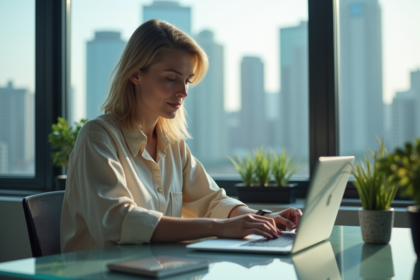 Femme d'âge moyen travaillant sur son ordinateur dans un appartement urbain