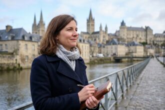 Femme regardant la ville de Caen depuis la rivière