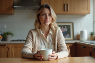 Femme pensant avec tasse de cafe dans une cuisine chaleureuse