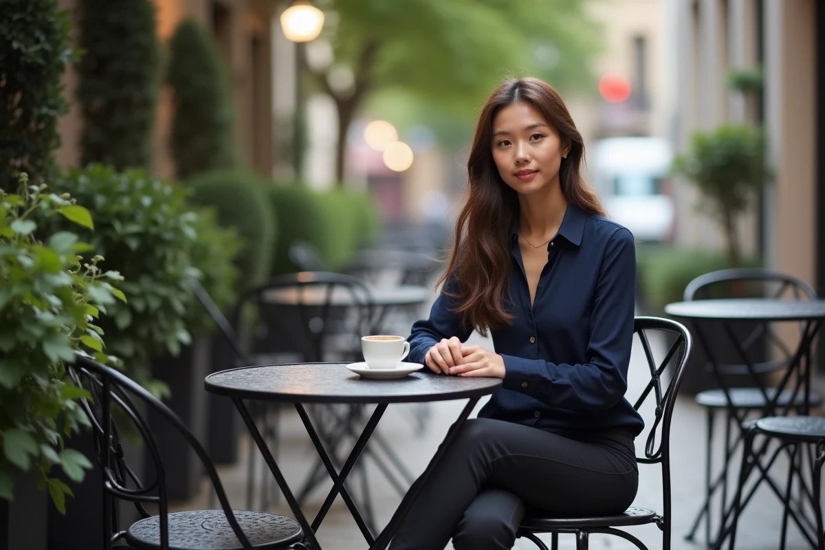Jeune femme au café en terrasse urbaine