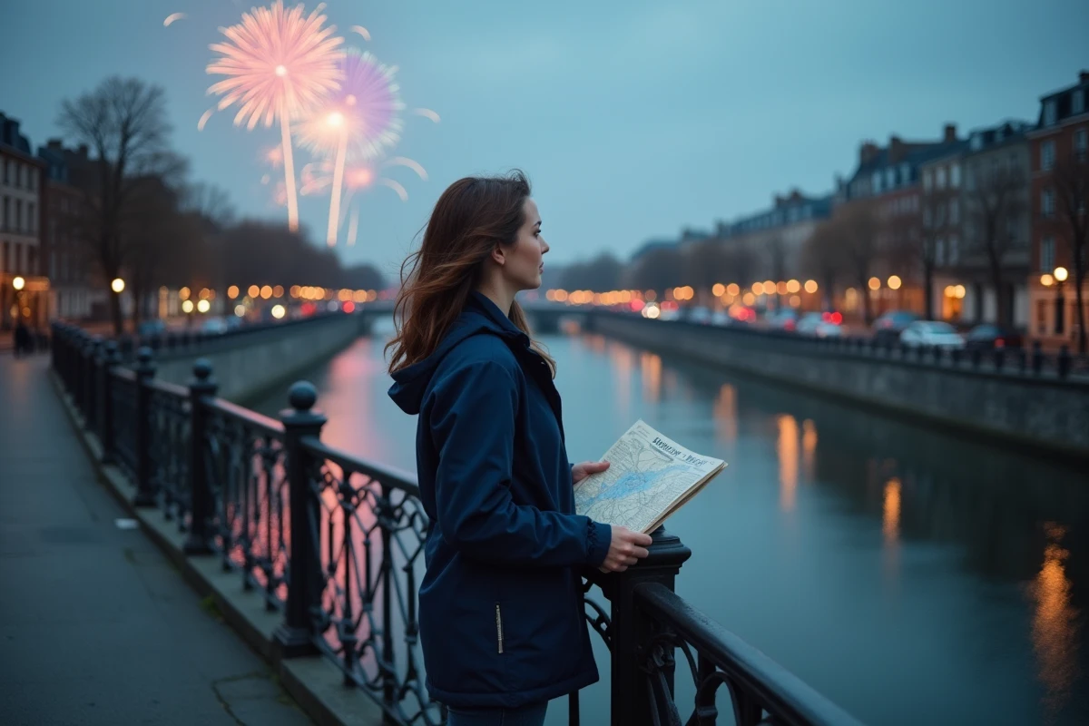 Femme consultant une carte sur un pont piéton à Lille avec feu d'artifice au loin au-dessus du canal