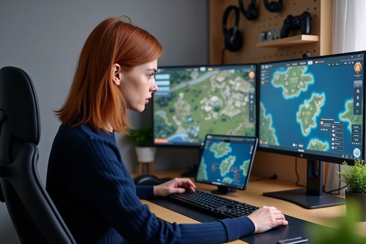 Femme comparant des jeux de guerre sur PC avec une tablette et un écran de stratégie en arrière-plan
