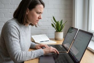 Femme comparant deux MacBook Pro ouverts côte à côte sur un bureau en bois dans un bureau à domicile moderne