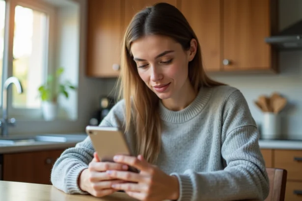 Femme consultant son compte client EDF ENR sur smartphone dans une cuisine moderne