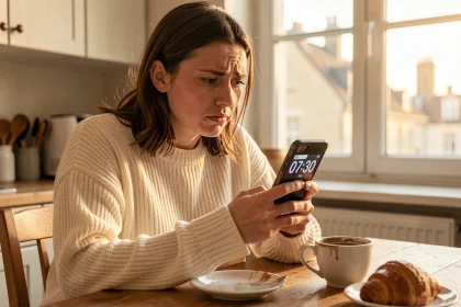 Femme francophone confuse devant son smartphone affichant l'heure en format AM PM le matin