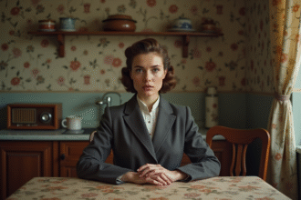 Femme en costume 1940s dans une cuisine vintage française