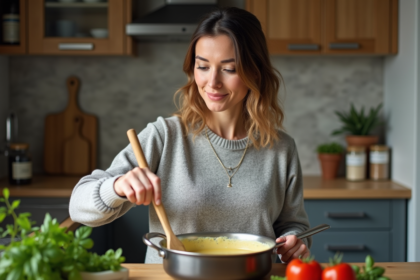 Femme en cuisine préparant une sauce crémeuse