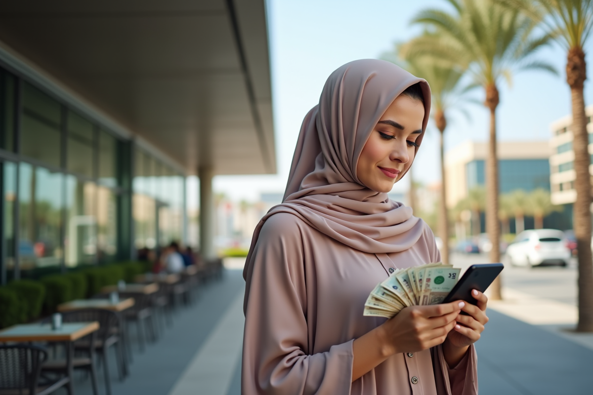 Femme avec dirhams à Dubai dans un café en plein air