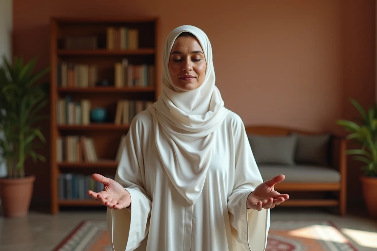 Femme en jilbab blanc faisant le doua du qounout les mains levées lors de la prière du witr