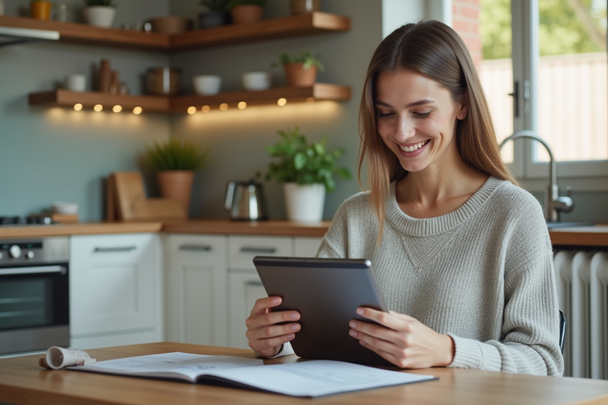 Jeune femme vérifiant un DPE sur tablette dans la cuisine