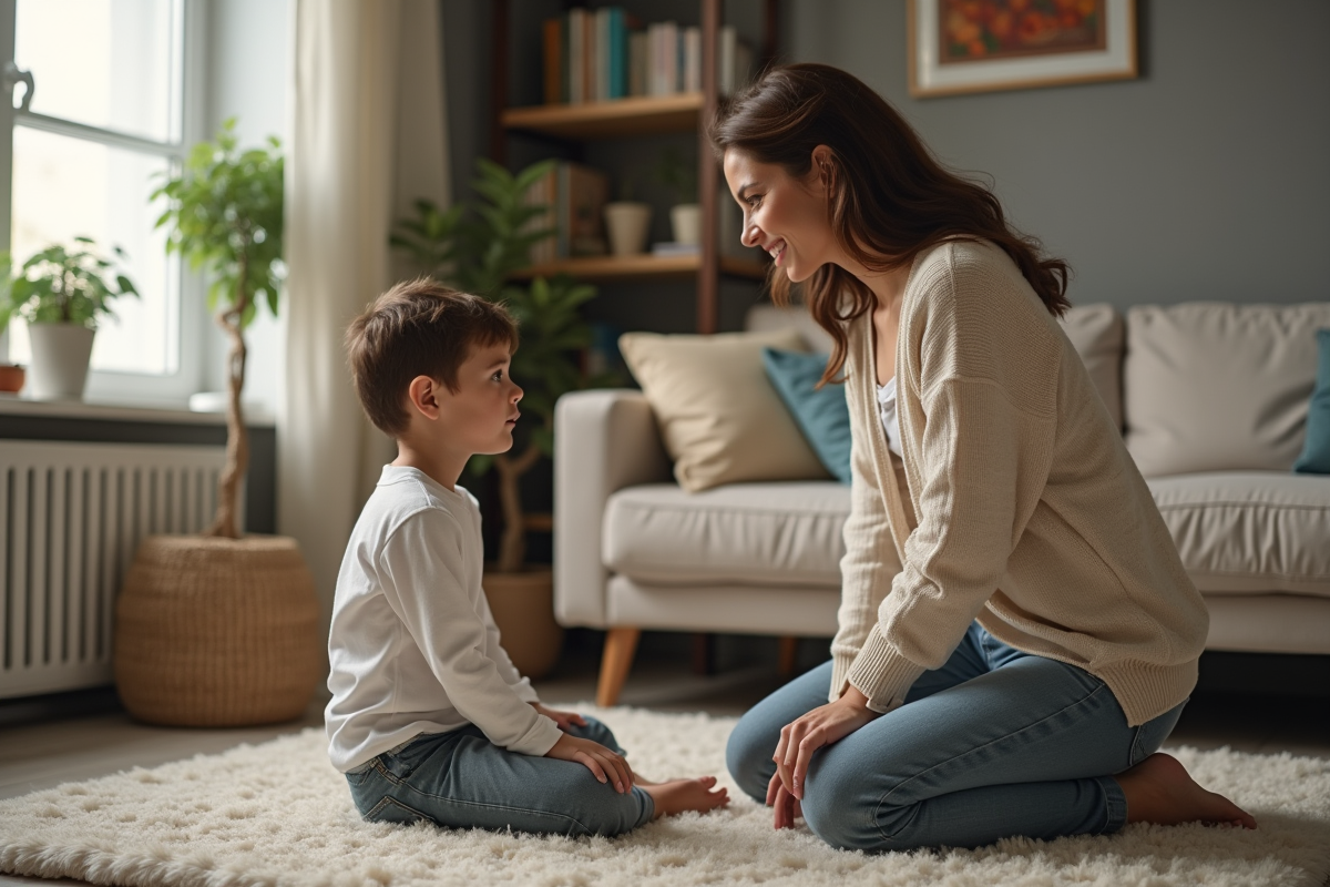 Femme et enfant discutant dans un salon chaleureux
