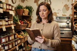 Femme tenant un carnet dans une épicerie de village française évoquant l'univers du film La Liste de mes envies