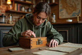 Femme concentrée examinant une boîte à énigmes dans une salle d'escape room décorée de cartes et cadenas anciens