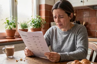 Femme française confuse devant un planning en anglais avec les notations AM et PM dans une cuisine parisienne