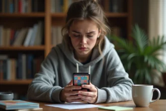 Jeune femme frustrée tenant un smartphone affichant une application de jeu de plateau avec des dés, assise à un bureau en bois avec des notes autocollantes