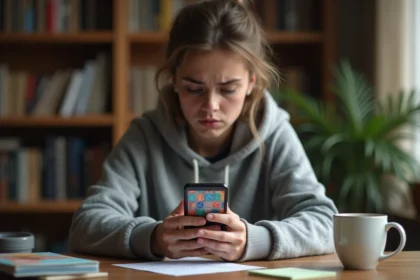 Jeune femme frustrée tenant un smartphone affichant une application de jeu de plateau avec des dés, assise à un bureau en bois avec des notes autocollantes