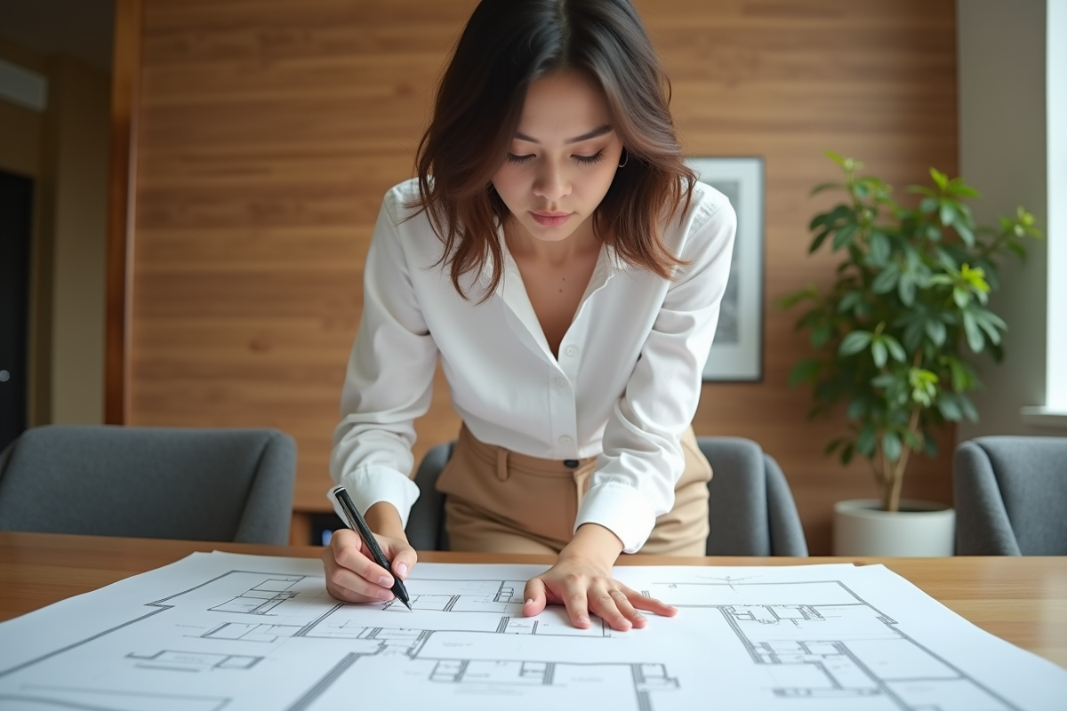 Jeune femme gestionnaire d facilities analysant plans
