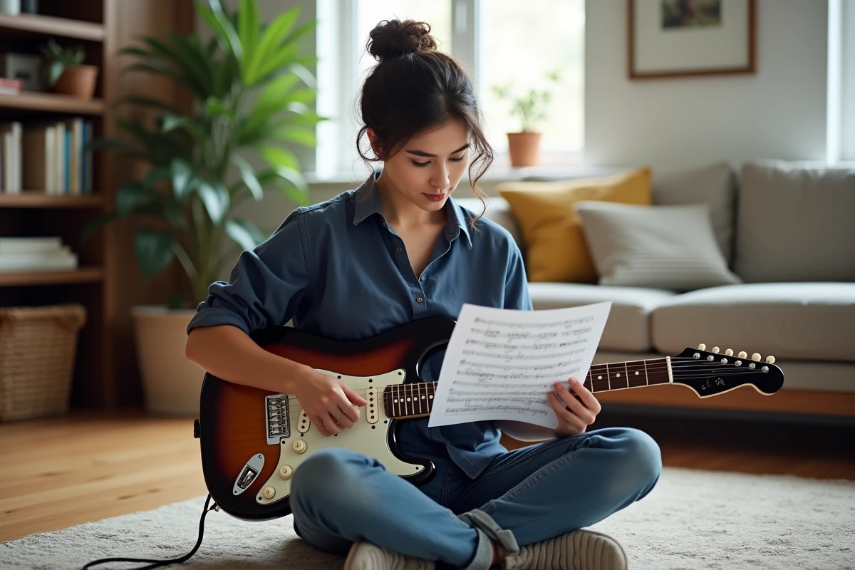 Femme guitariste qui s'entraîne avec des partitions de guitare gratuites imprimées dans un salon moderne