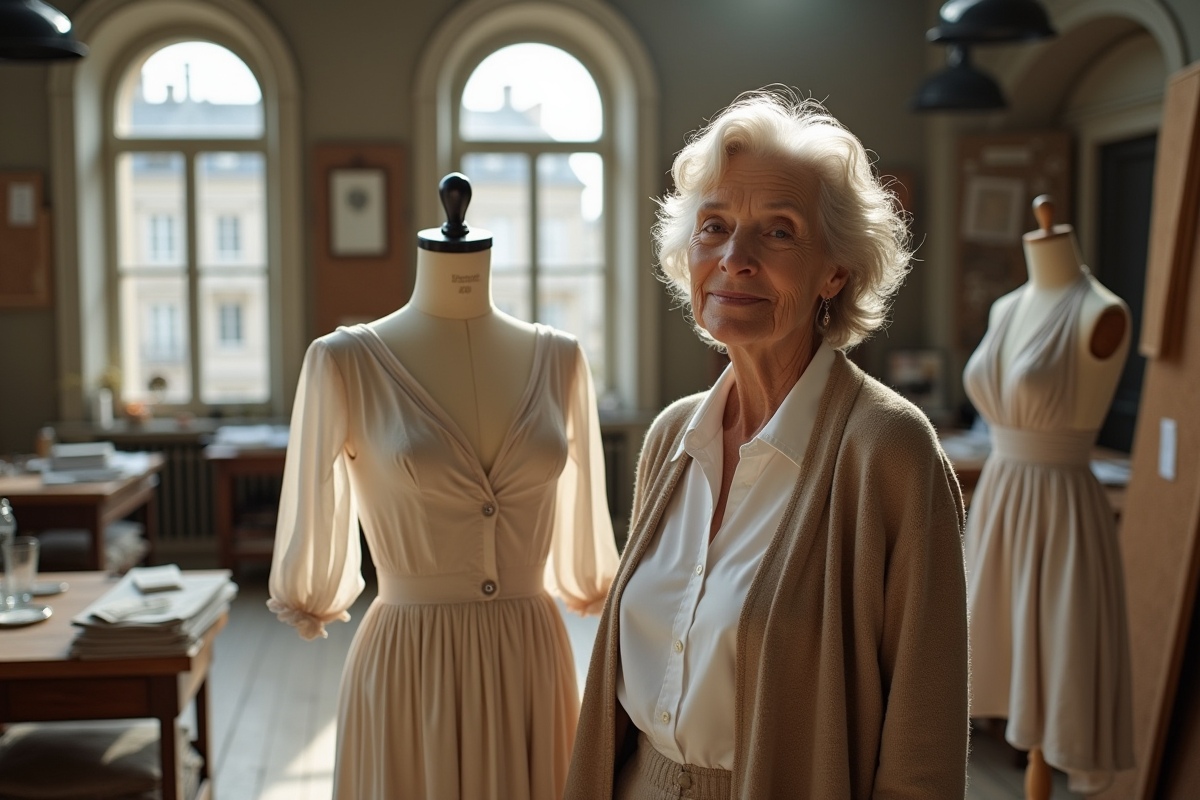 Femme créatrice de mode devant robe de haute couture