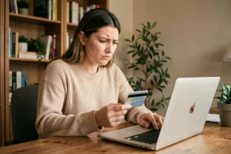 Femme hésitante tenant une carte bancaire devant un ordinateur portable lors d'une réservation en ligne suspecte