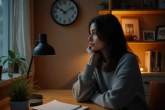 Femme contemplant une horloge affichant 01h10 dans un bureau cosy la nuit, symbolisant la signification des heures miroirs et de l'angéologie