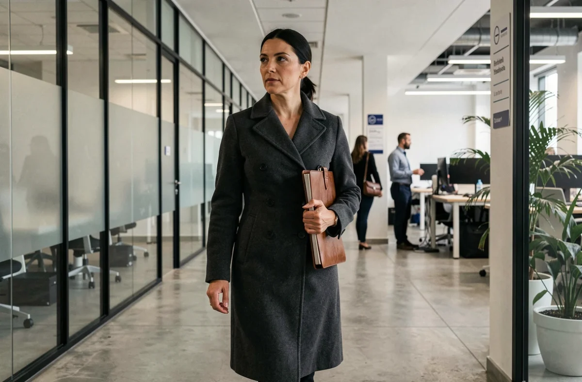 Femme journaliste marchant dans les couloirs d'un grand média français, tenant un portfolio, atmosphère de salle de rédaction moderne