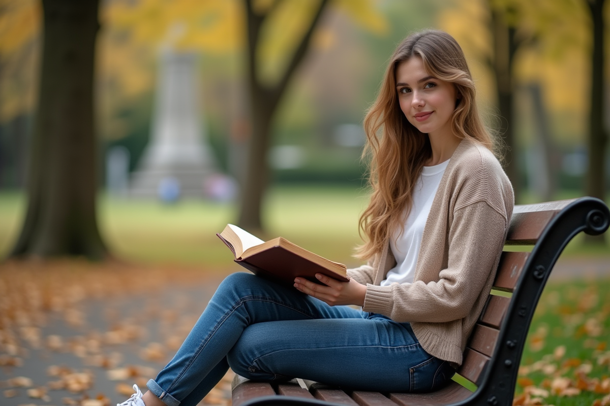 Jeune femme lisant un livre de philosophie dans un parc urbain